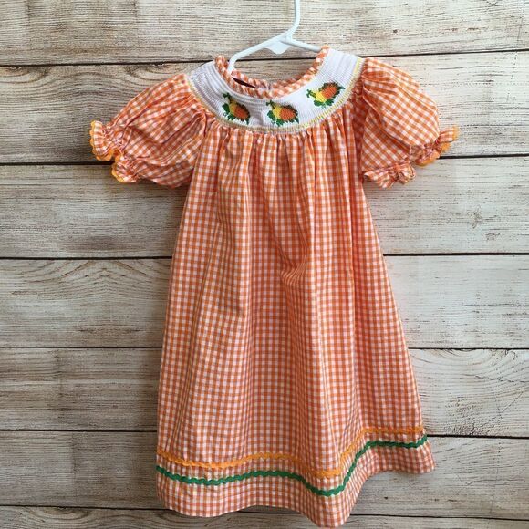 LIL CACTUS SMOCKED DRESS IN ORANGE AND WHITE GINGHAM - Picture 1 of 5